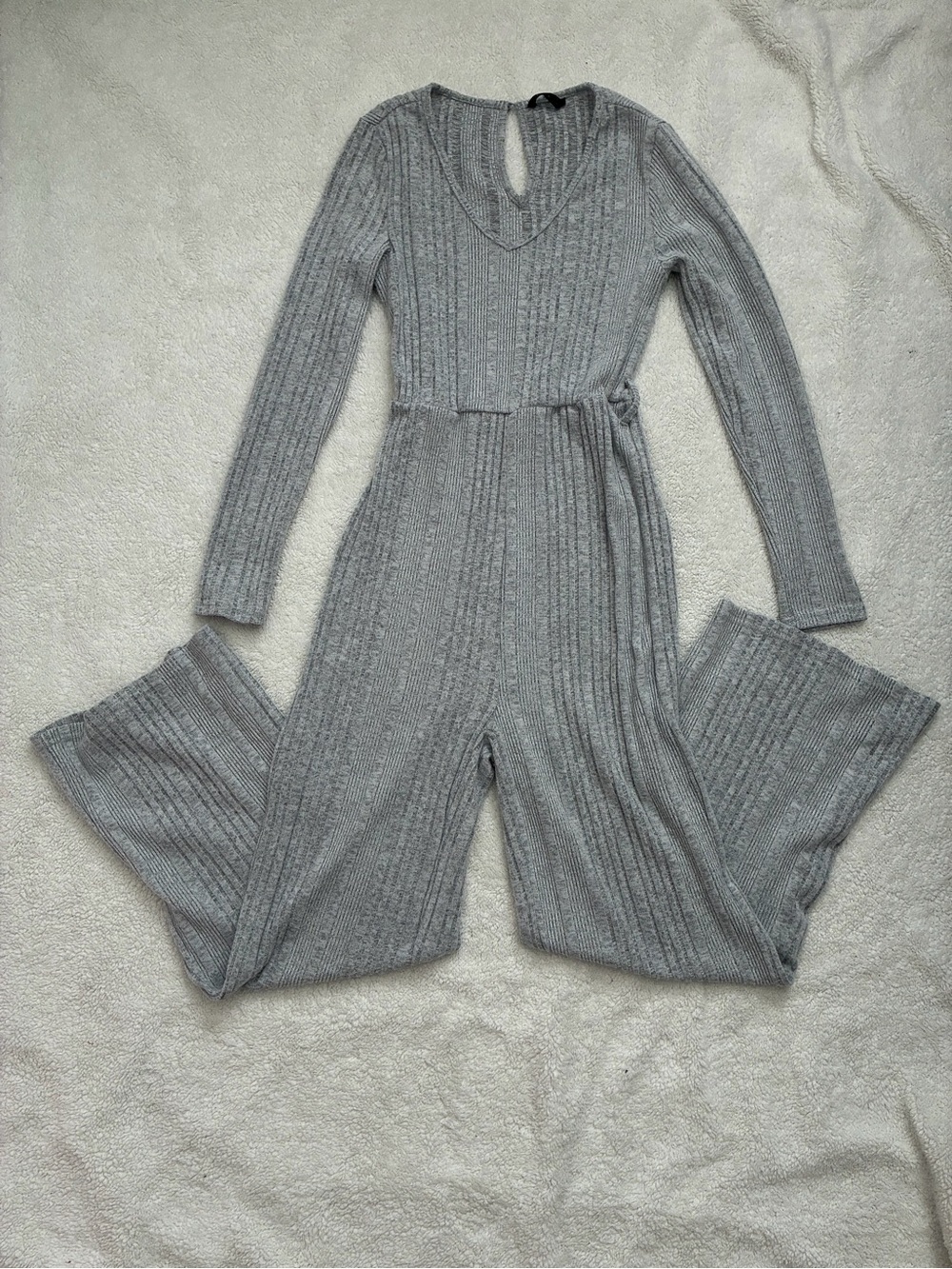 SHEIN Ribbed Knit Long-Sleeve Gray Jumpsuit with Tie Waist